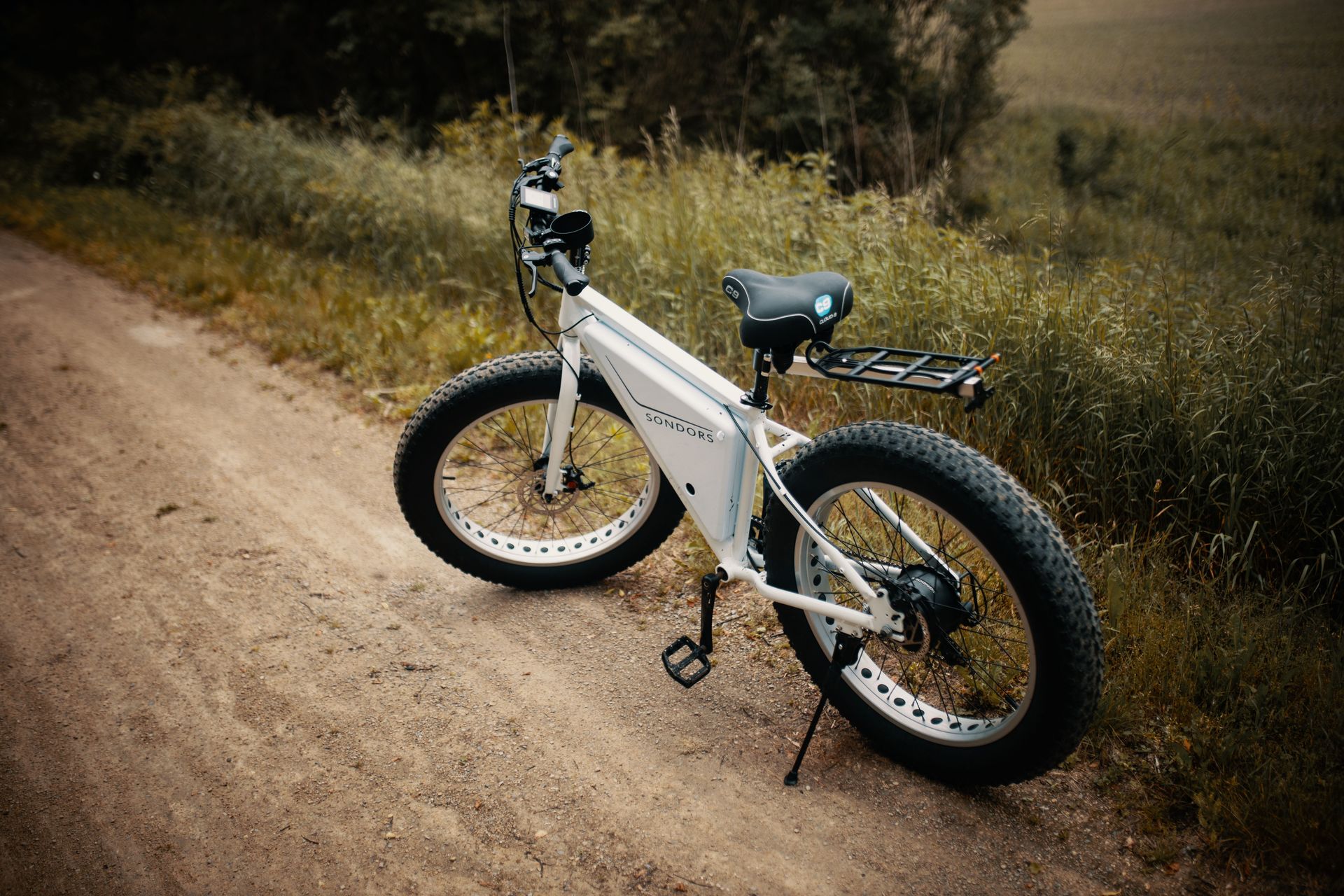White electric bike with fat tires parked on a dirt trail, perfect for off-road adventures.